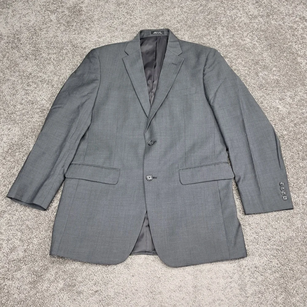Jones New York Mens 3 Piece Suit 40L Grey‎ 100% Worsted Wool Blazer Vest Pant